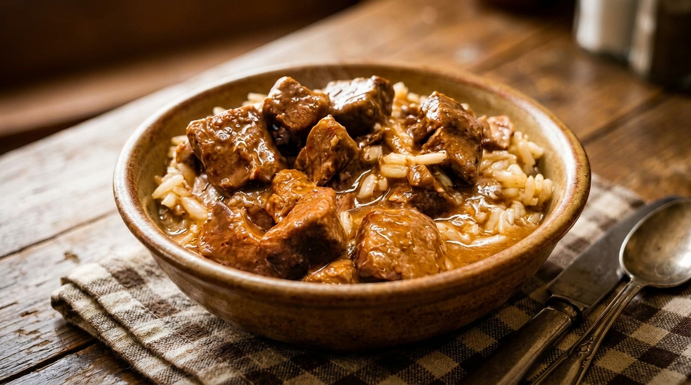 Hearty beef stew with rice in a rustic bowl on a wooden table with a checkered napkin.