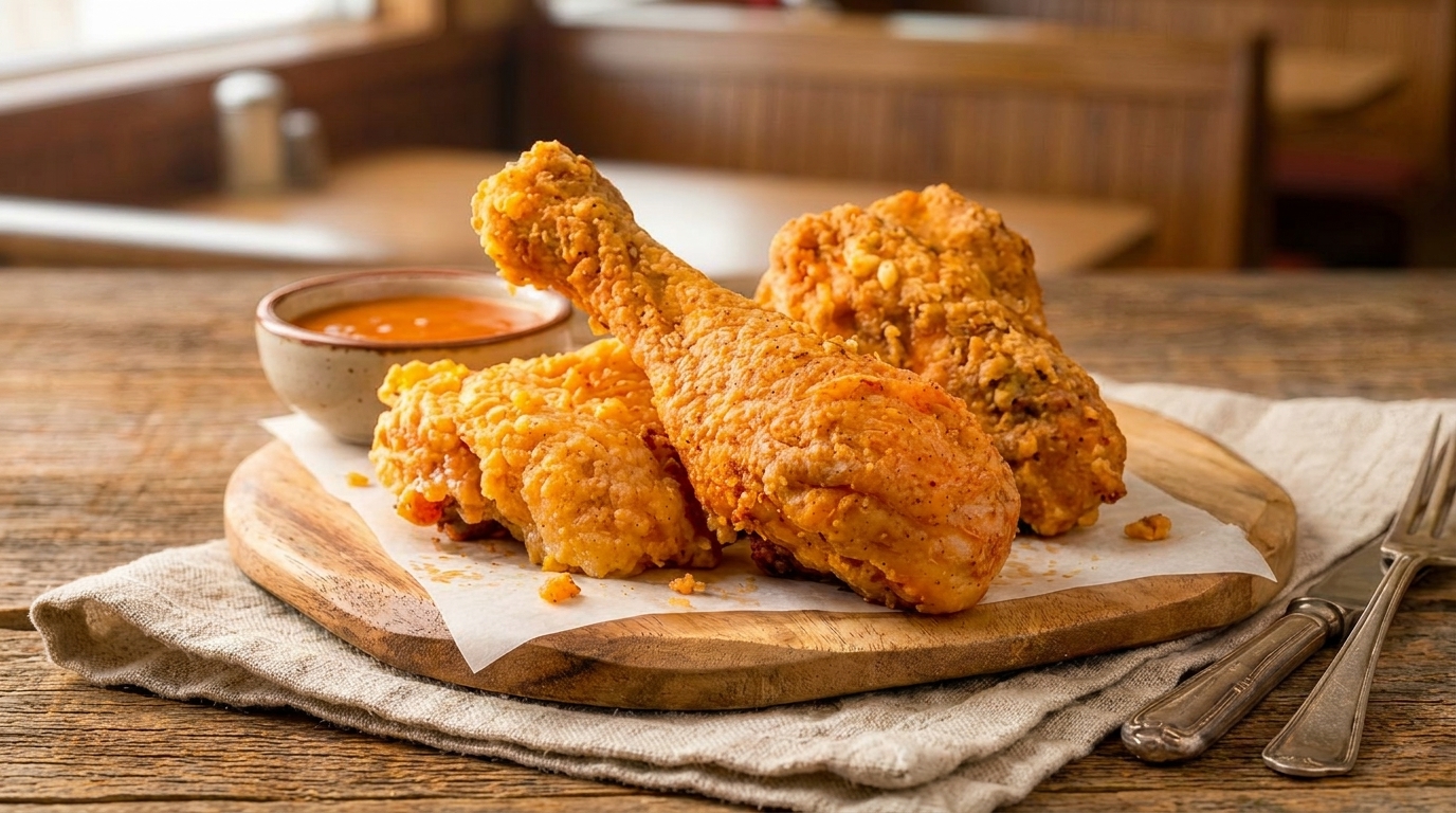Crispy fried chicken pieces and dipping sauce on a wooden board with a rustic background.
