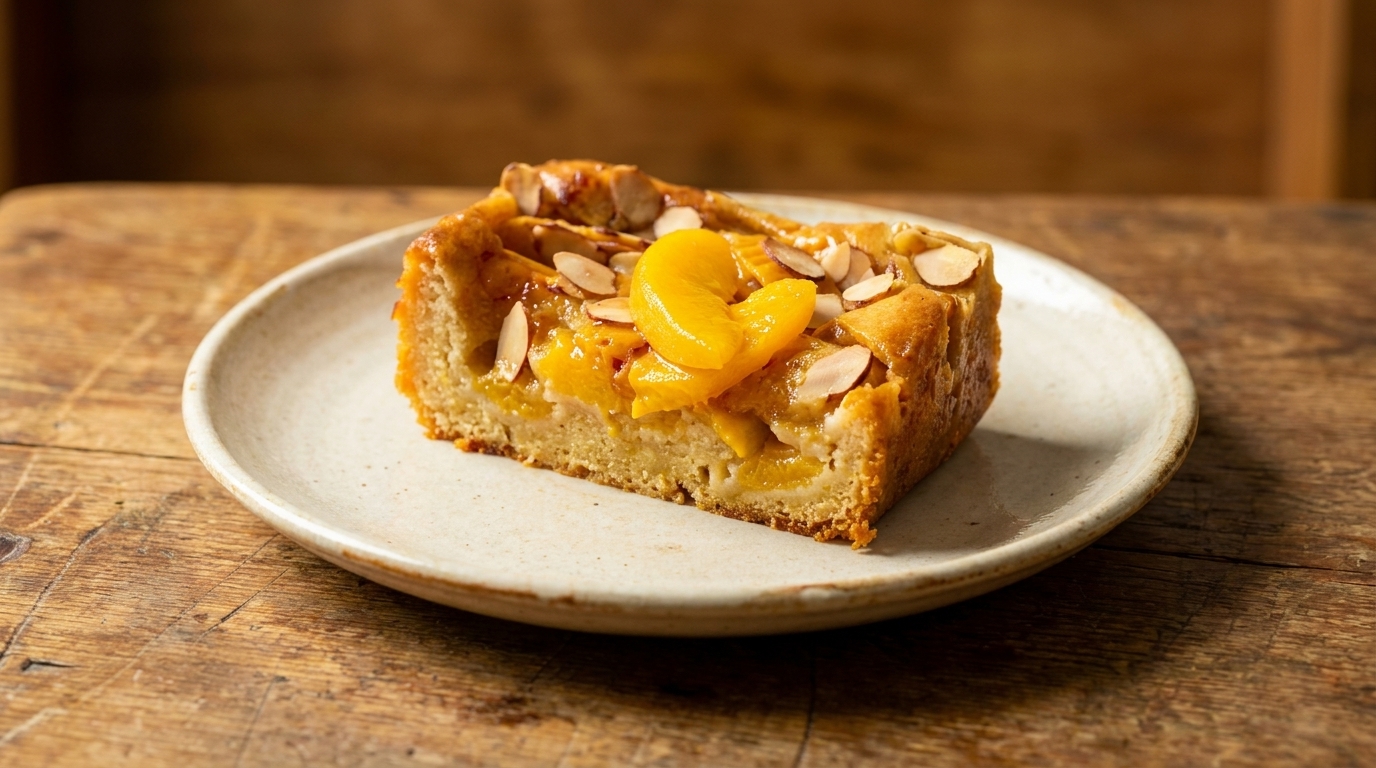 A slice of peach and almond tart on a white plate, on a rustic wooden table.