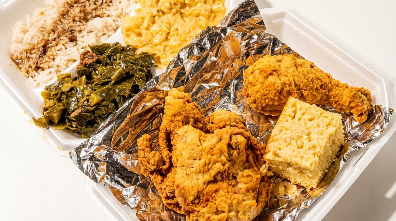 Fried chicken, rice, collard greens, macaroni and cheese, and cornbread in a styrofoam takeout container.