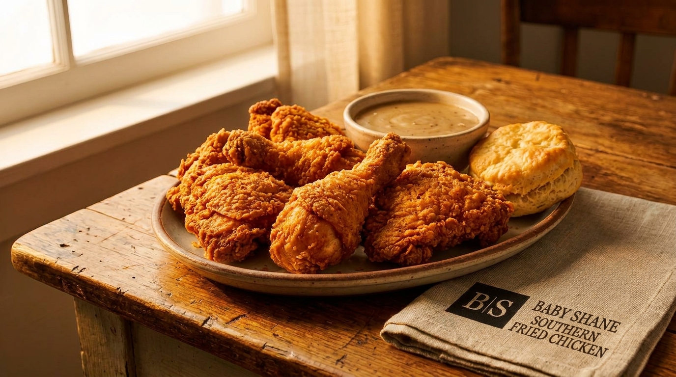 Baby Shane's Southern Fried Chicken meal with gravy and biscuit on a rustic wooden table.