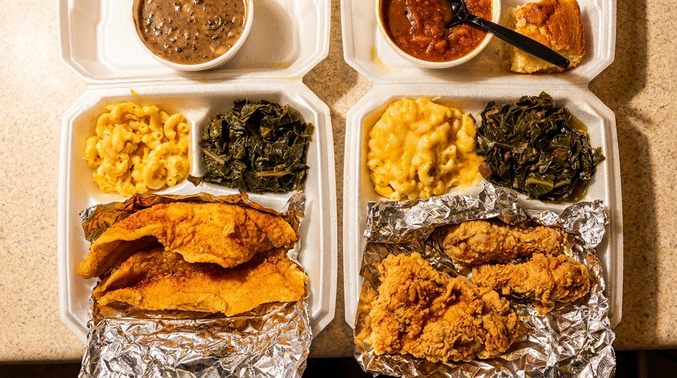 Two takeout containers with fried fish, fried chicken, mac and cheese, collard greens, and sides.