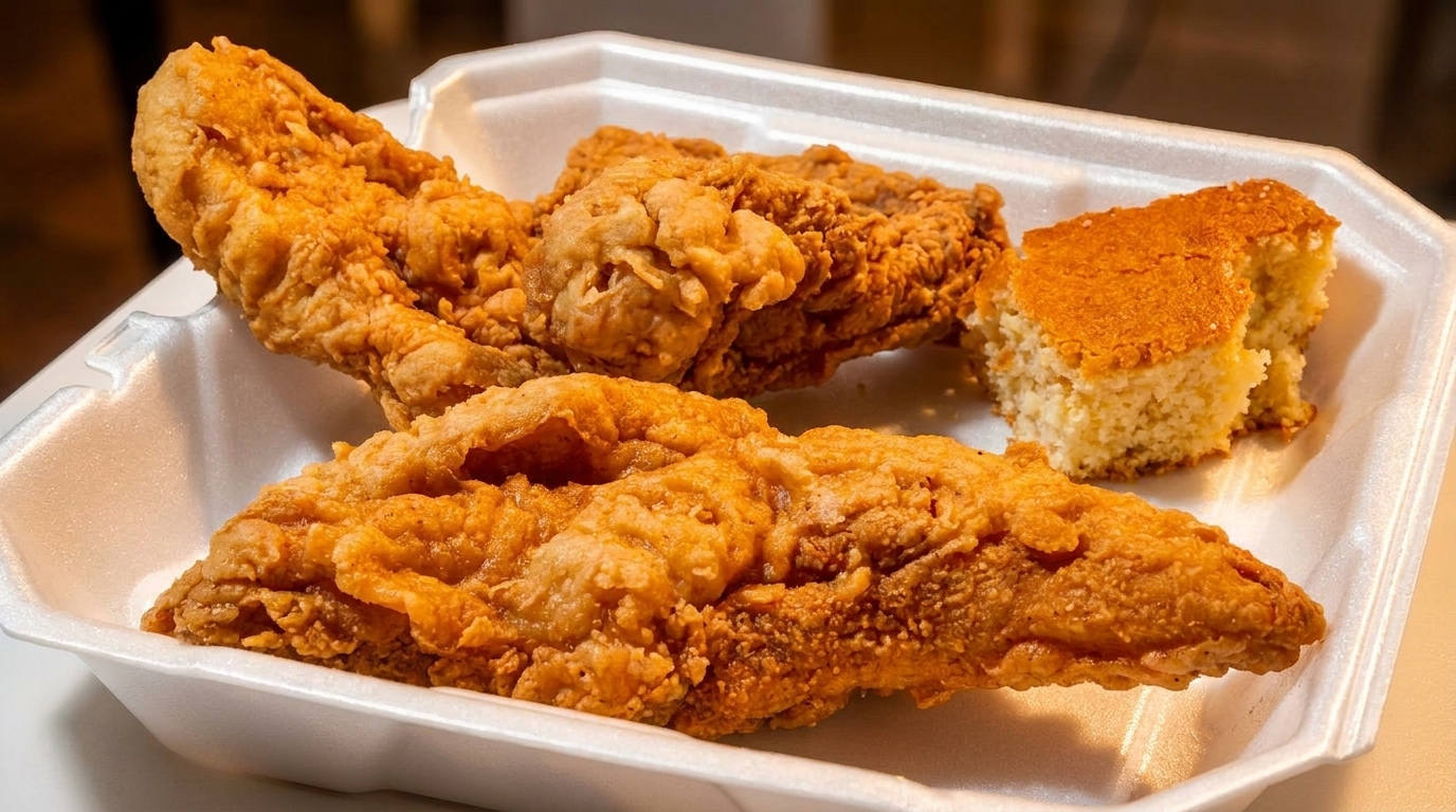 Golden fried chicken pieces and a square of cornbread in a white takeout container.