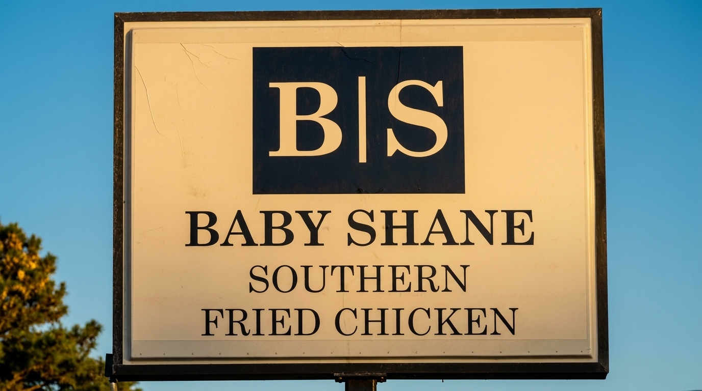 A white sign for "Baby Shane Southern Fried Chicken" with a "B|S" logo against a blue sky.