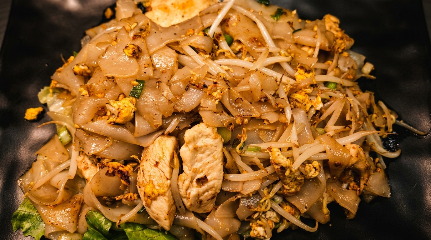 Close-up of Pad See Ew with wide rice noodles, chicken, scrambled egg, and bean sprouts.