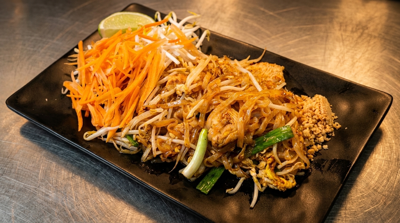 Pad Thai with chicken, bean sprouts, shredded carrots, crushed peanuts, and a lime wedge.