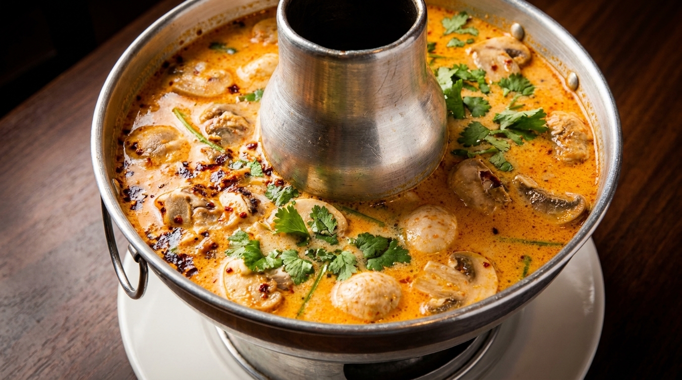 Spicy Tom Yum soup with mushrooms, meatballs, and cilantro in a traditional metal hot pot.