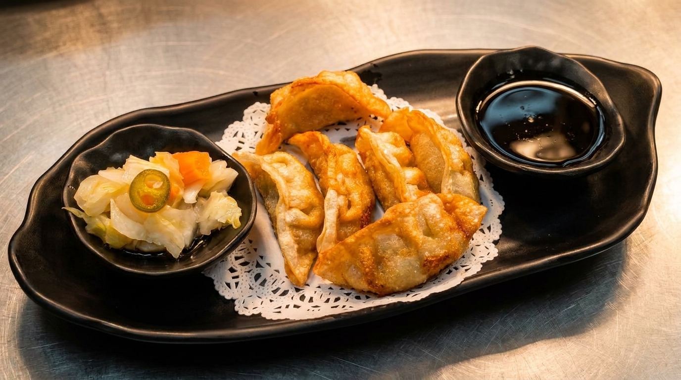 Crispy fried dumplings with pickled vegetables and soy sauce on a black plate.