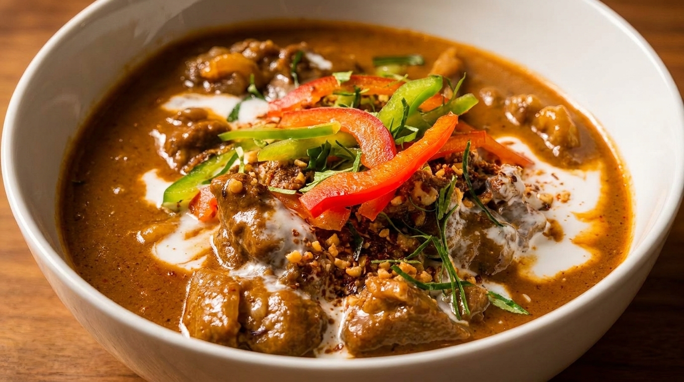 Rich Massaman curry with beef, red and green bell peppers, peanuts, and coconut milk swirl.