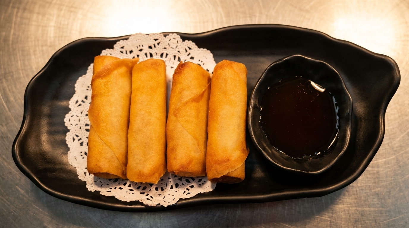 Four golden-brown spring rolls on a black wavy plate with a side of dark dipping sauce.