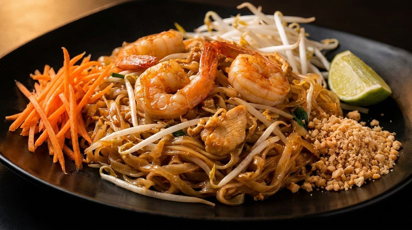 Pad Thai with shrimp, chicken, bean sprouts, shredded carrots, crushed peanuts, and a lime wedge.