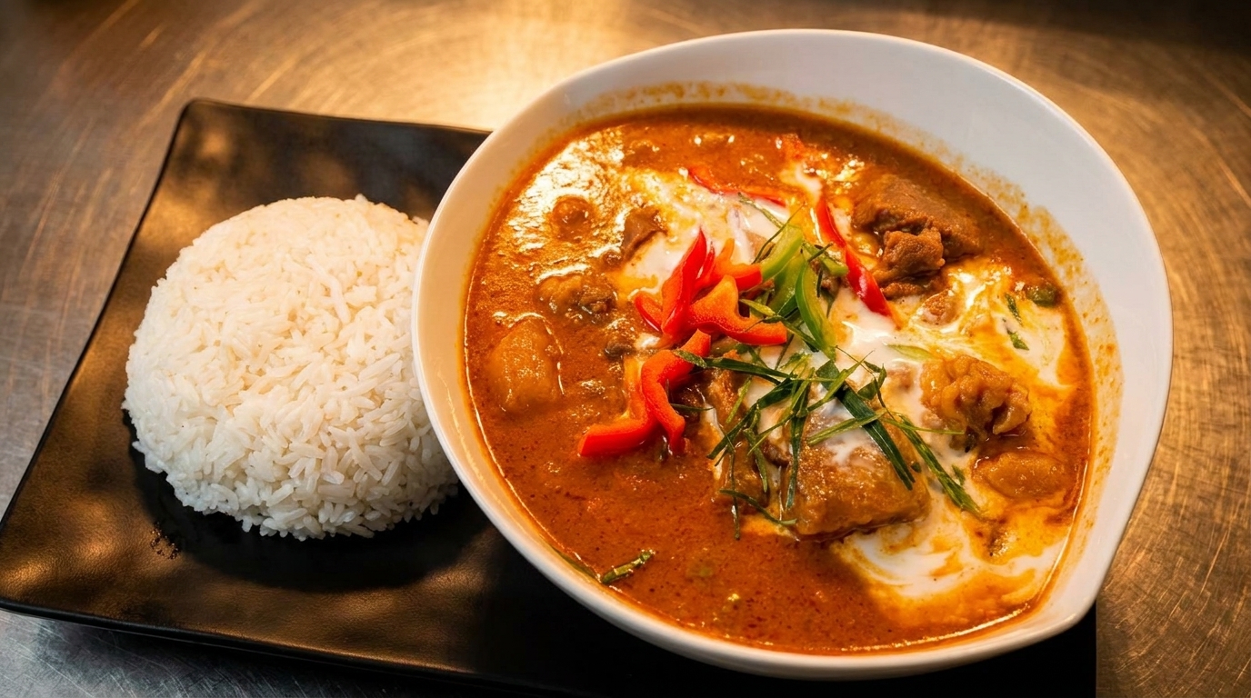 A bowl of red curry with meat and vegetables, garnished with peppers and herbs, served with white rice.