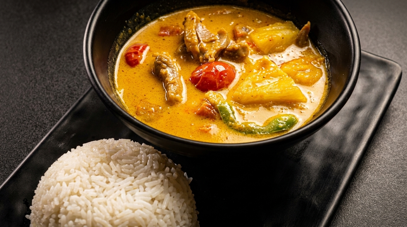 Yellow curry with meat, pineapple, and tomatoes in a black bowl, served with white rice.