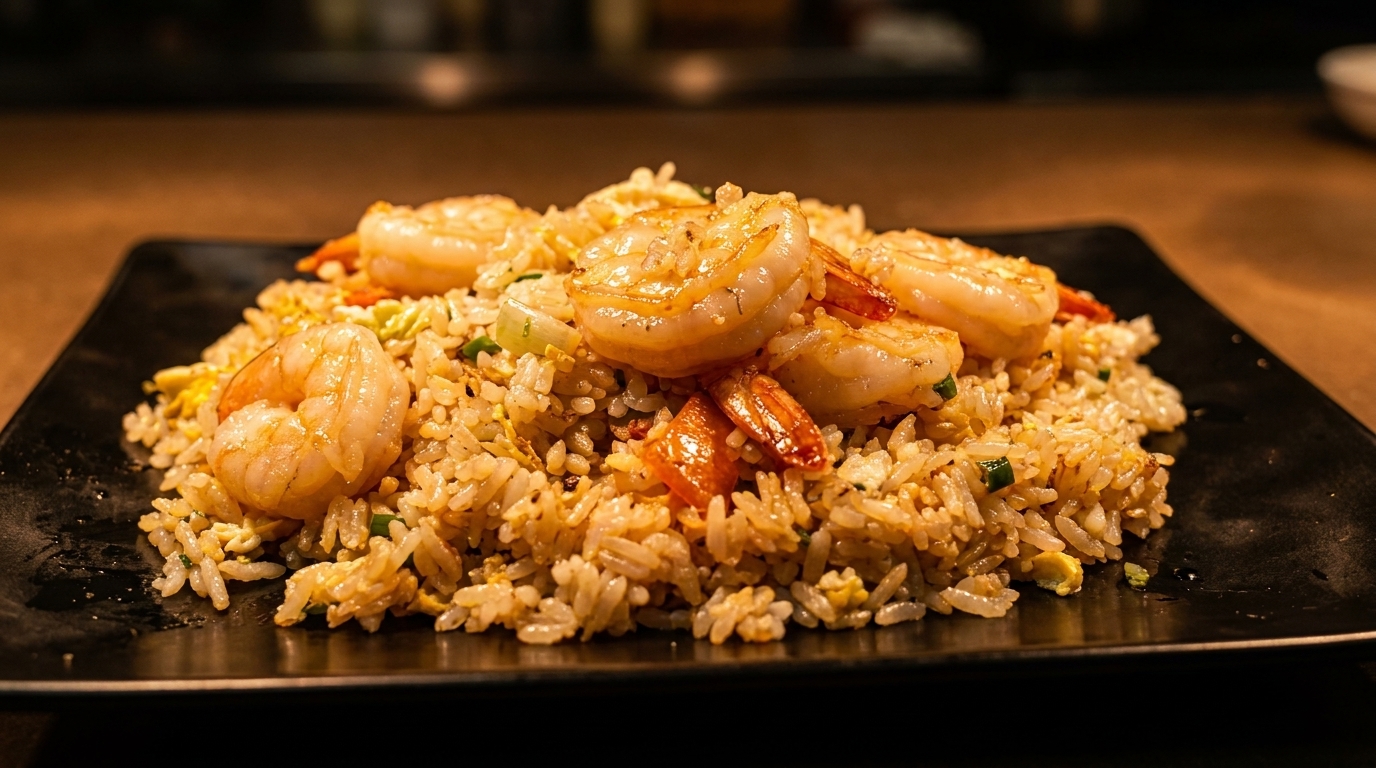Shrimp fried rice with vegetables and egg, served on a black rectangular plate.