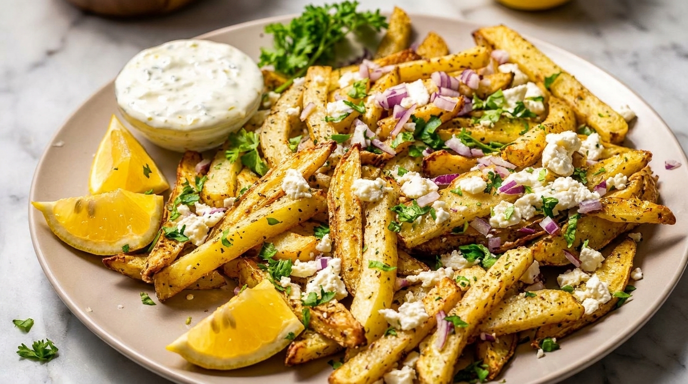 Golden french fries topped with feta cheese, red onions, parsley, and lemon wedges, with a side of tzatziki.