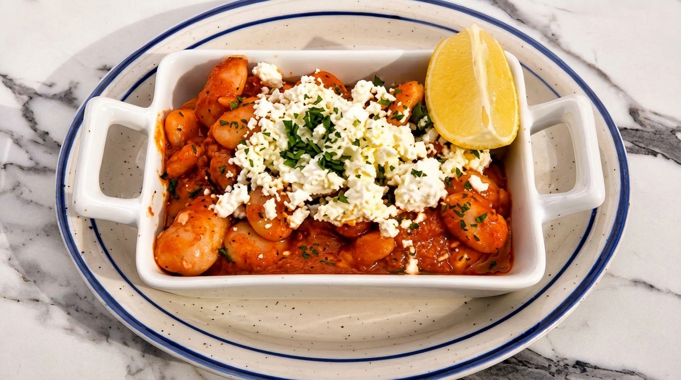 Baked giant beans in tomato sauce, topped with feta cheese, parsley, and a lemon wedge.