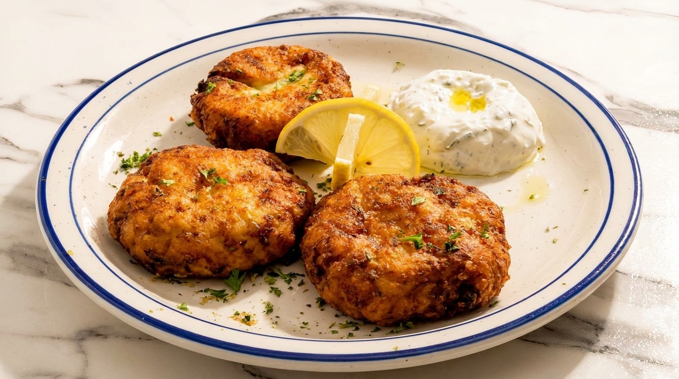 Three golden-brown crab cakes with a lemon wedge and a side of creamy dill sauce on a white plate.