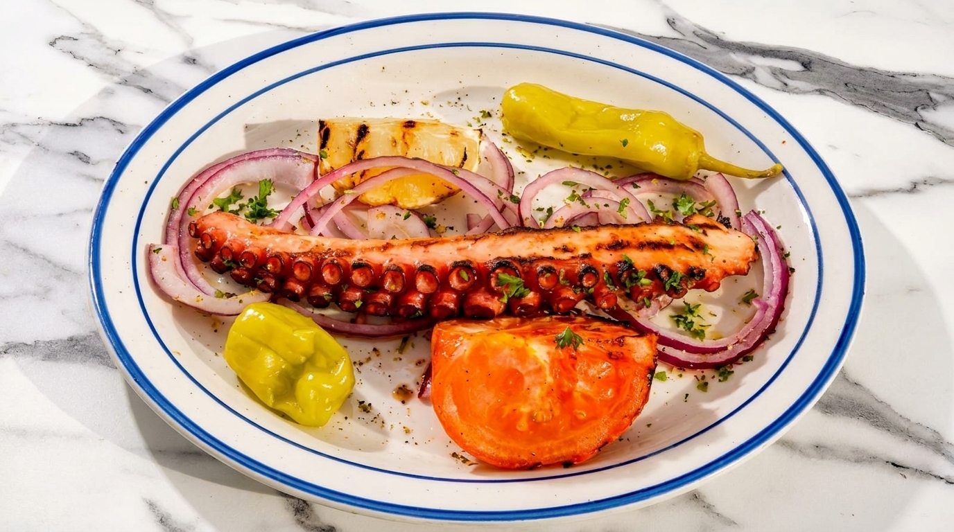 Grilled octopus with red onion, lemon, tomato, and peppers on a white plate with blue rim.