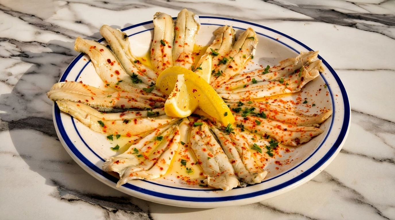 A plate of marinated anchovies with lemon wedges, olive oil, parsley, and red pepper flakes.