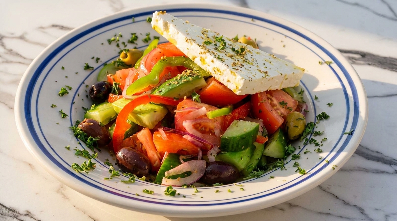Fresh Greek salad with tomatoes, cucumbers, olives, bell peppers, onions, and a large feta cheese block.
