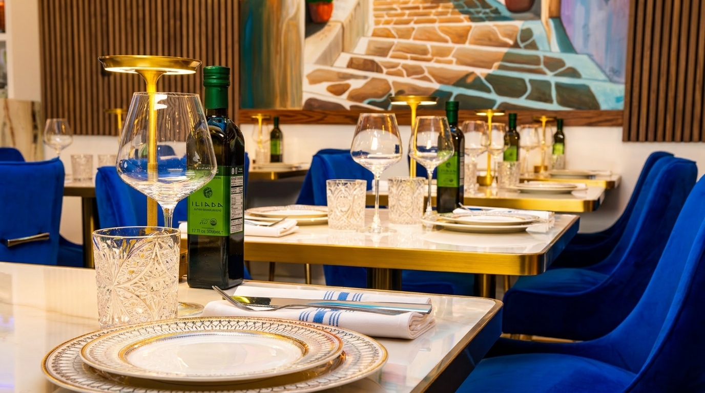 Set tables with blue velvet chairs, gold accents, and olive oil bottles in a restaurant.