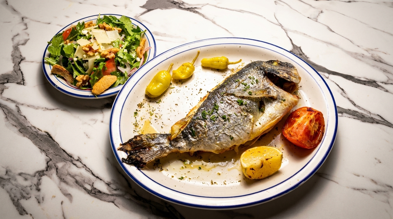 Whole roasted fish with lemon, tomato, and peppers, served with a side salad.