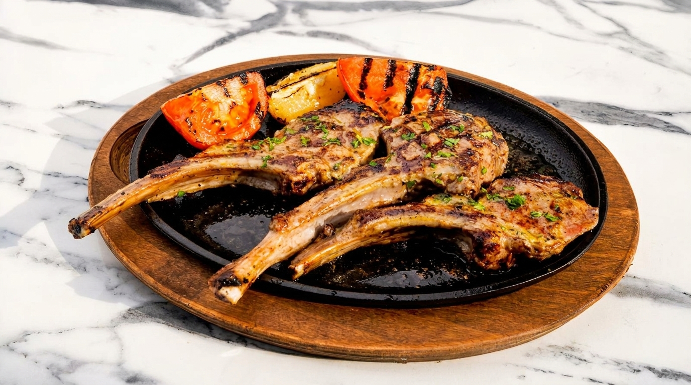 Three grilled lamb chops with charred tomatoes and lemon wedges on a sizzling cast iron plate.