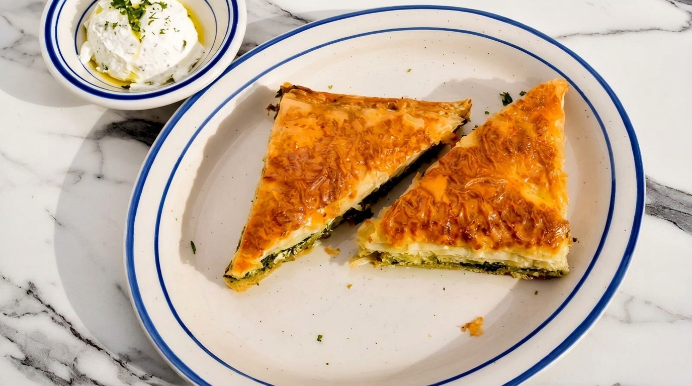 Two golden-brown spinach and feta phyllo pastries on a white plate with a side of tzatziki.