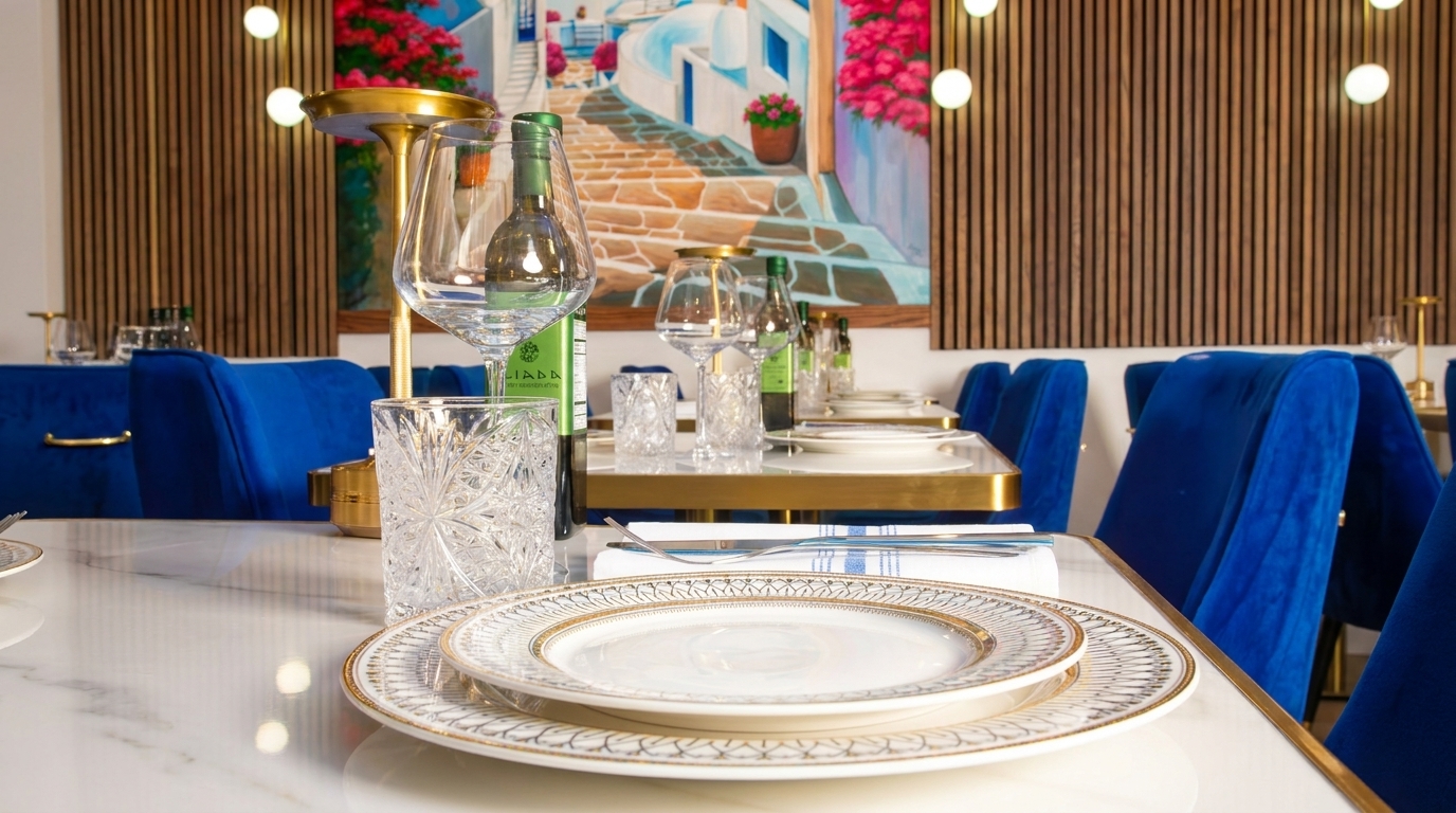 Elegant restaurant dining table set with ornate plates, crystal glasses, and blue velvet chairs.