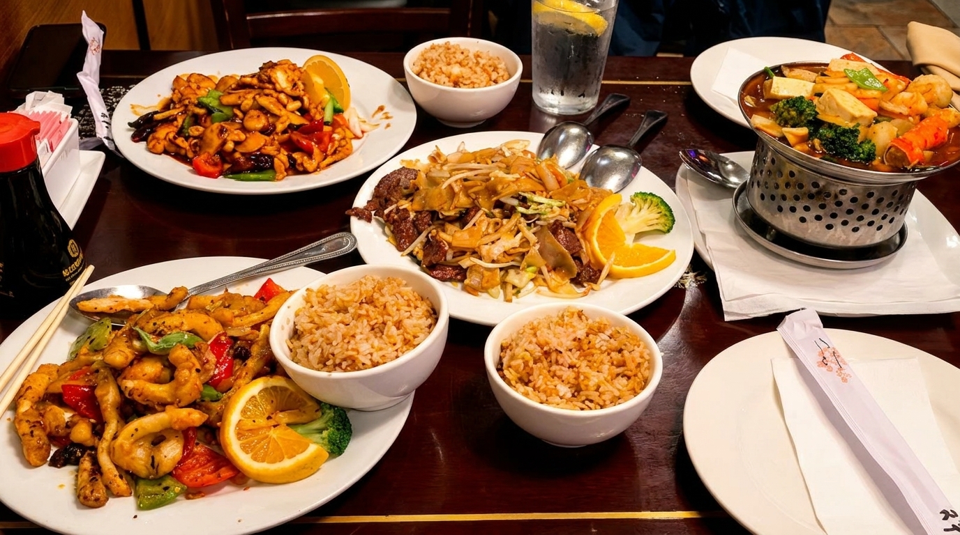 A table laden with multiple plates of Asian cuisine, including stir-fries, rice, and a hot pot.