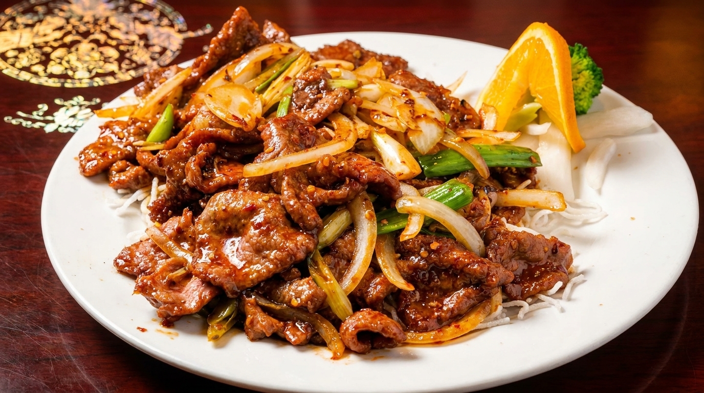Spicy beef stir-fry with onions and scallions, garnished with an orange slice and broccoli.