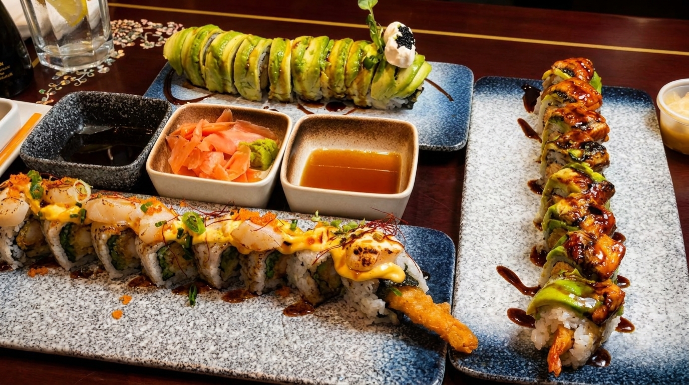 Three artfully arranged sushi rolls, including avocado, eel, and scallop-topped, with ginger and soy sauce.
