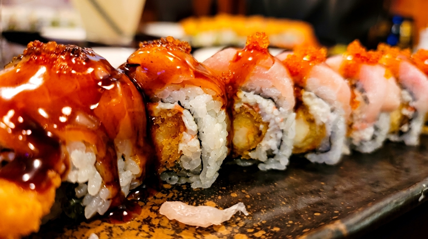 Close-up of sushi rolls with tempura shrimp, topped with sauce and orange roe.