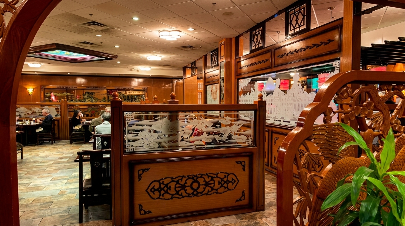 Restaurant interior with ornate wooden dividers, etched glass, and diners seated at tables.