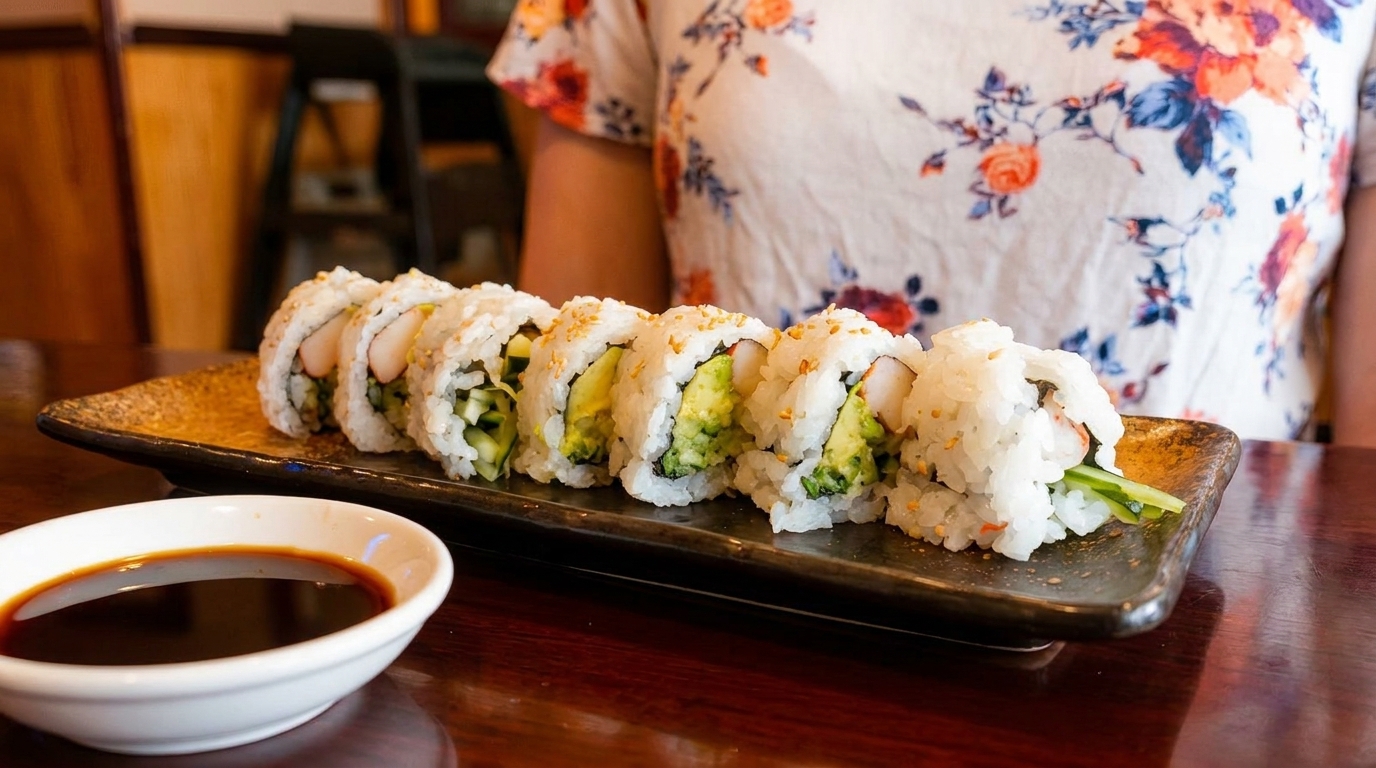 A plate of sushi rolls with avocado and cucumber, with a small dish of soy sauce.