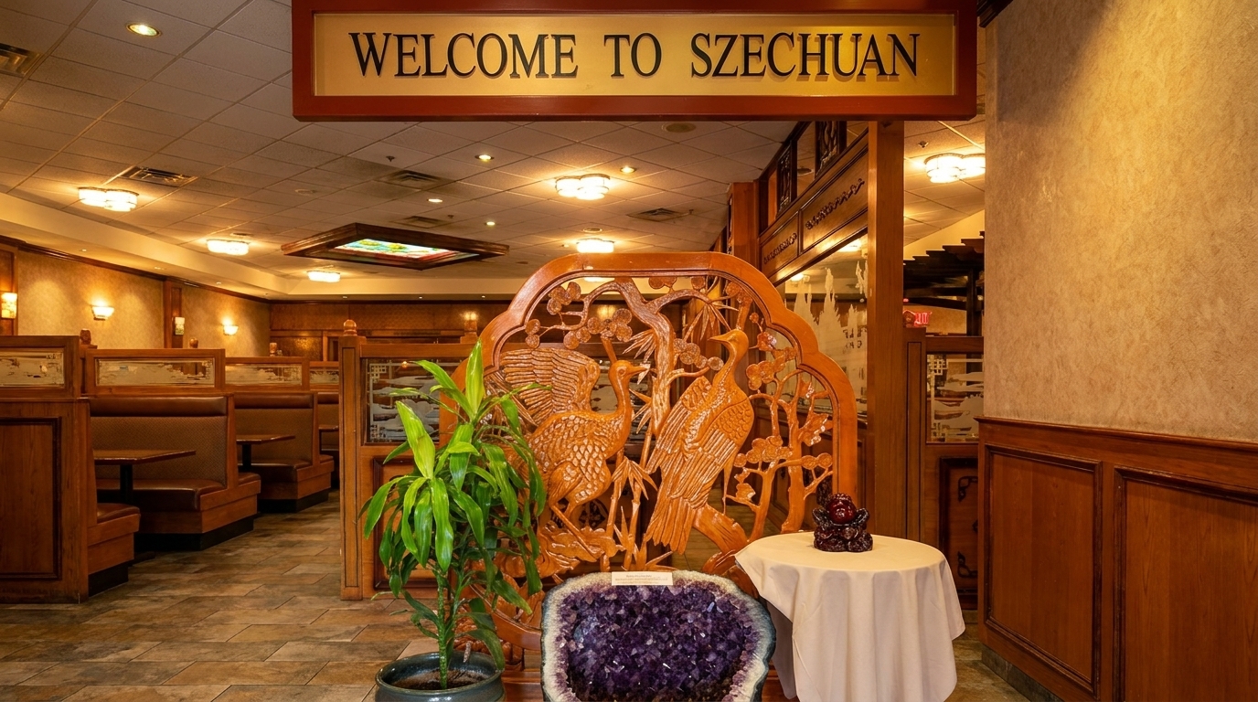 Restaurant interior with a "Welcome to Szechuan" sign, wooden booths, and decorative screens.
