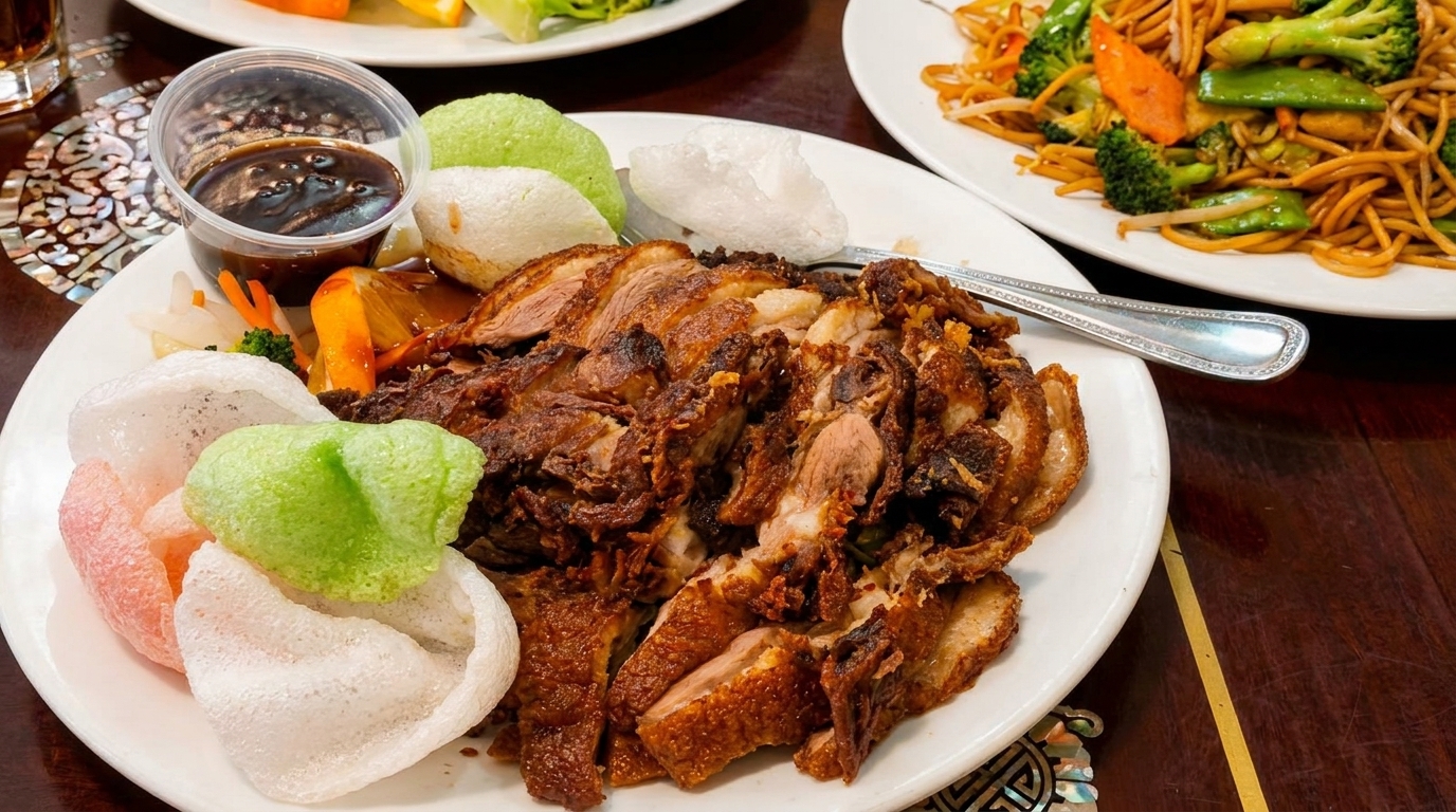 Crispy roasted duck with colorful shrimp chips, dipping sauce, and stir-fried noodles.