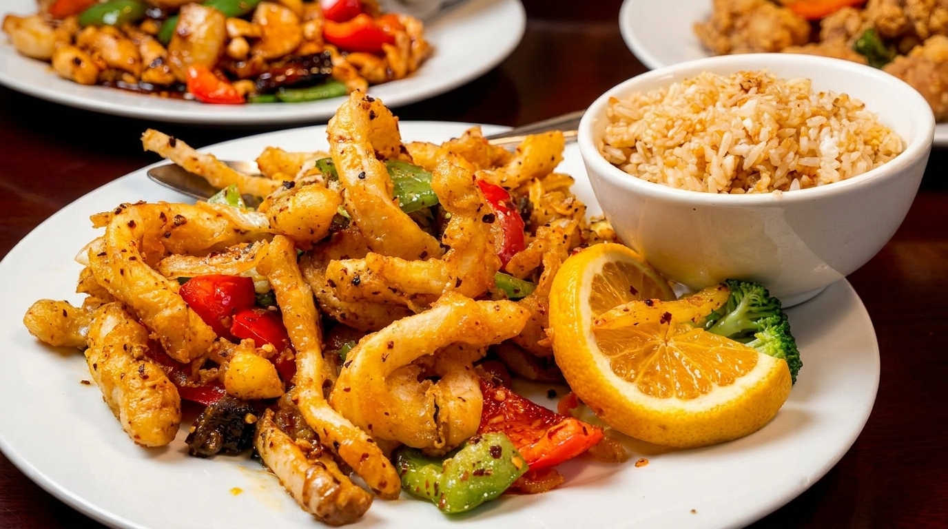 Crispy fried calamari with bell peppers, broccoli, lemon, and a side of fried rice.
