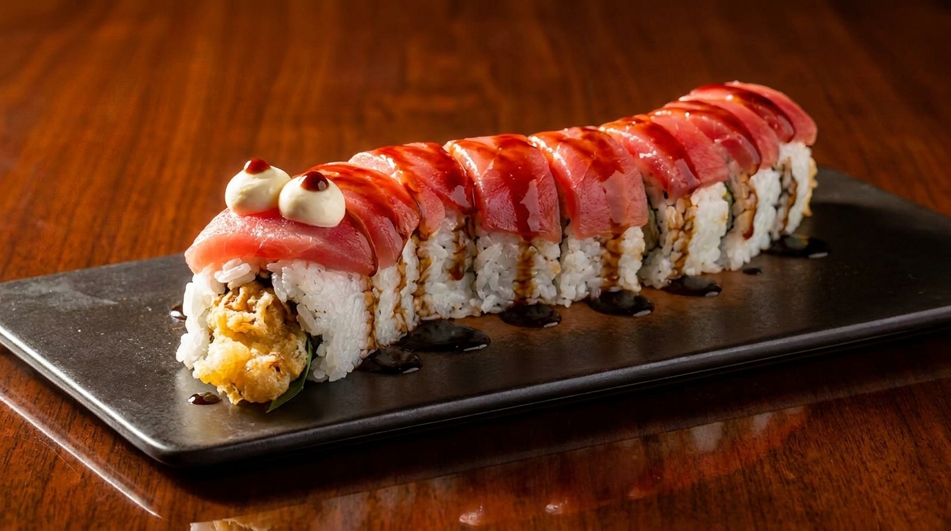 Caterpillar-shaped sushi roll with tuna, white sauce eyes, and dark drizzle on a black plate.