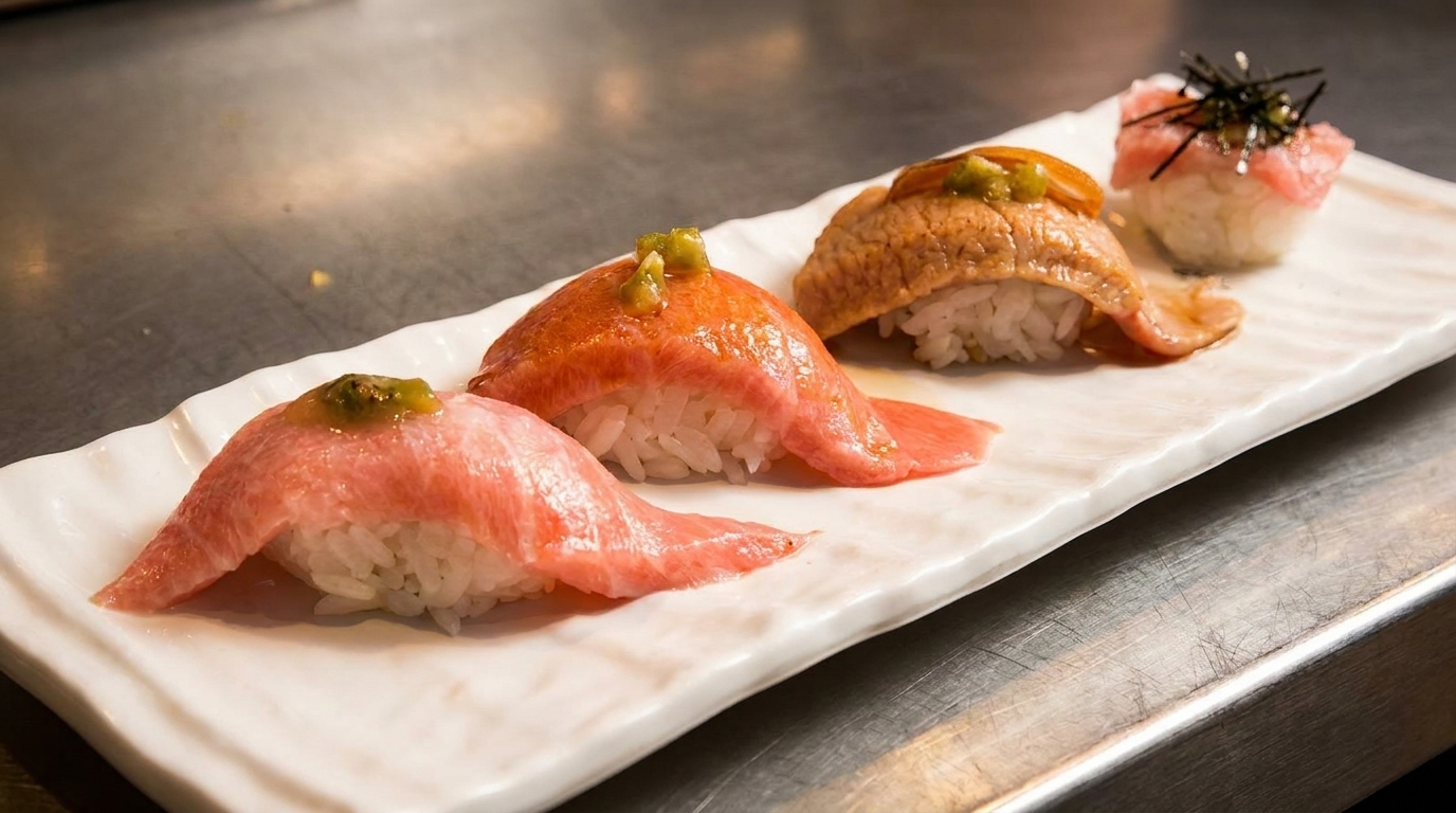 Four pieces of nigiri sushi with various toppings on a white rectangular plate.