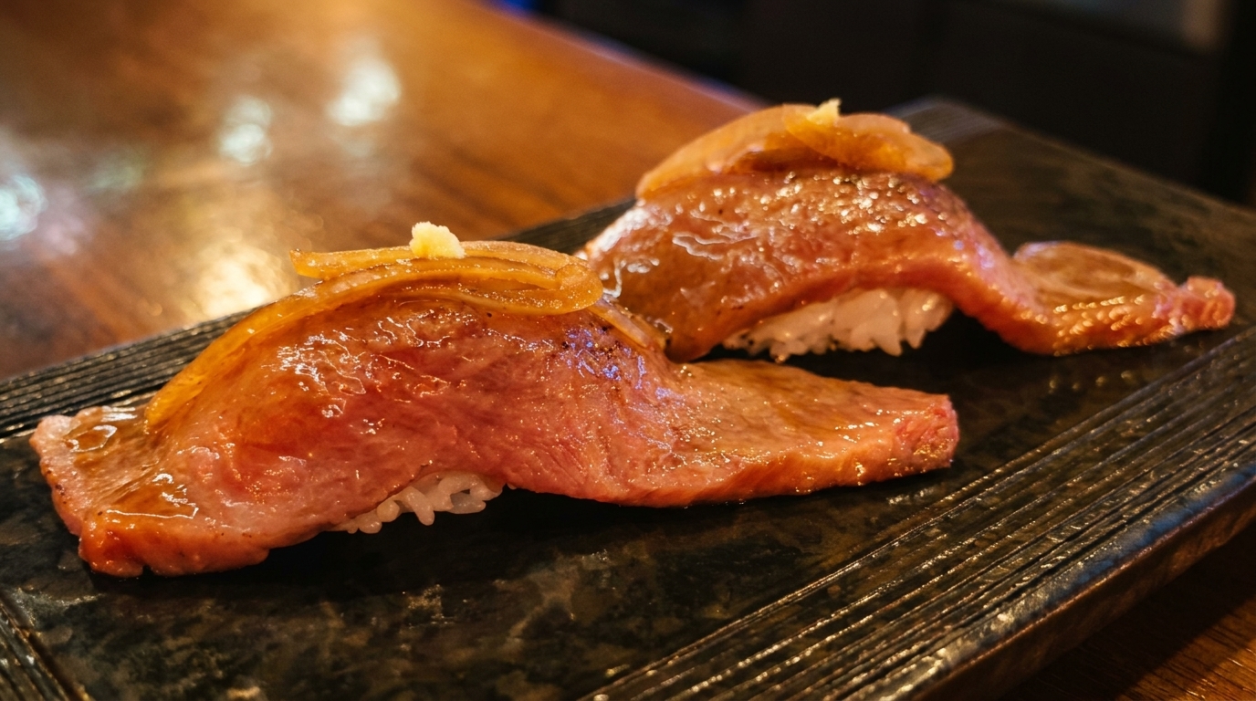 Two pieces of wagyu beef sushi with ginger on a dark rectangular plate.