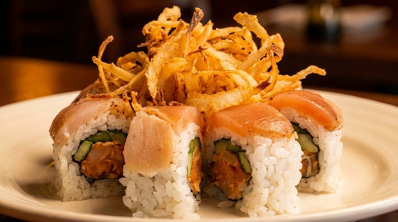Sushi rolls topped with seared fish and crispy fried onions on a white plate.