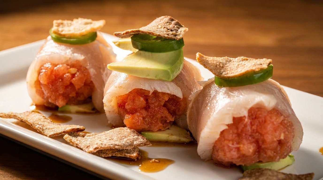 Three fish rolls filled with red tartare, topped with avocado, jalapeño, and a chip.
