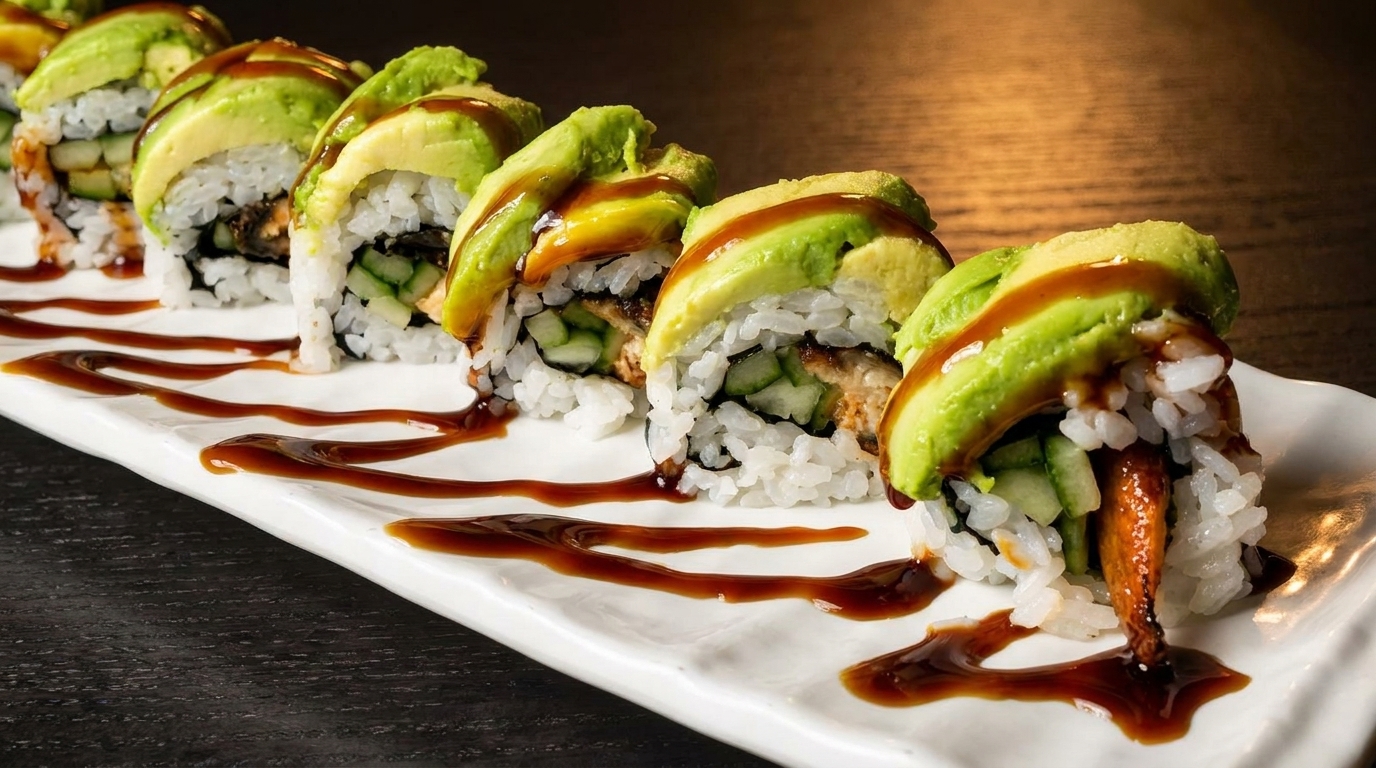 Dragon sushi roll with avocado, eel, cucumber, and rice, drizzled with sweet soy glaze.