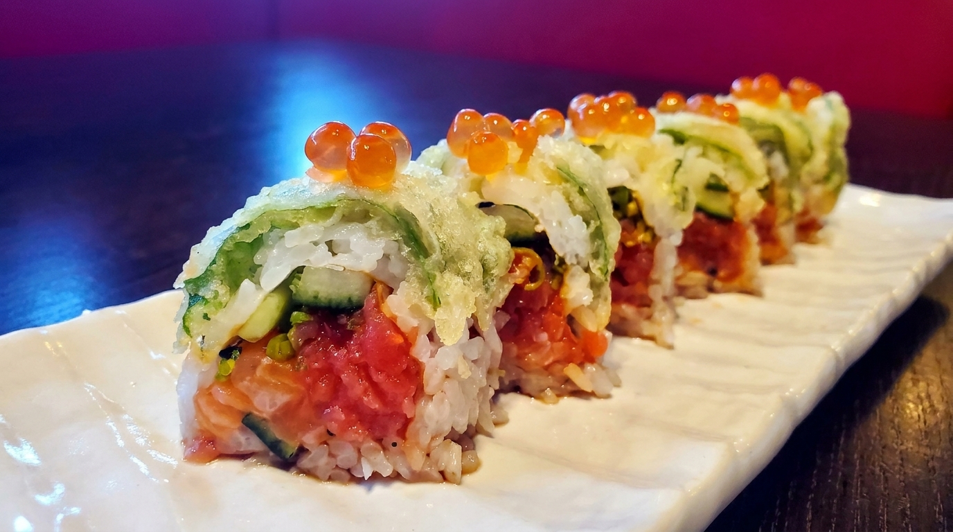 A row of sushi rolls with salmon, tuna, cucumber, and orange roe on a white plate.