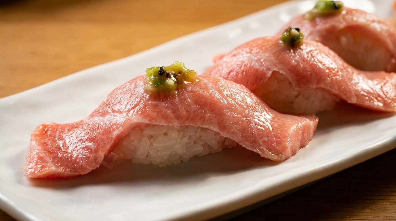 Three pieces of tuna nigiri sushi with a green topping on a white rectangular plate.