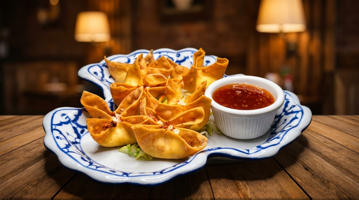 Crispy crab rangoon appetizers with sweet chili dipping sauce on a decorative plate.