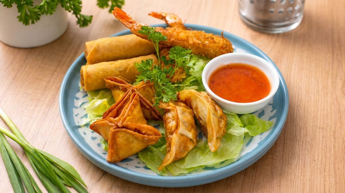 Appetizer platter with spring rolls, fried shrimp, wontons, dumplings, and sweet chili sauce.