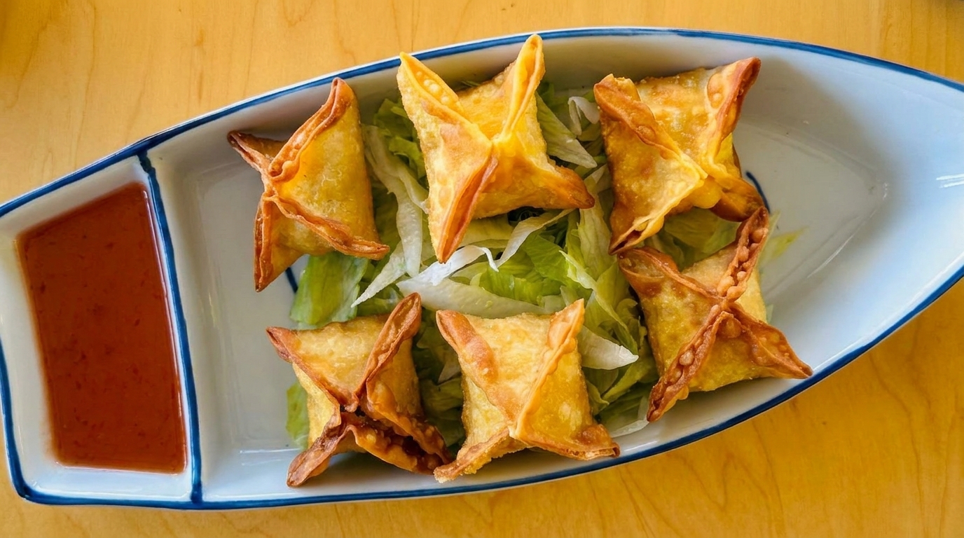 Six golden-brown crab rangoons on a bed of lettuce with a side of sweet chili sauce.