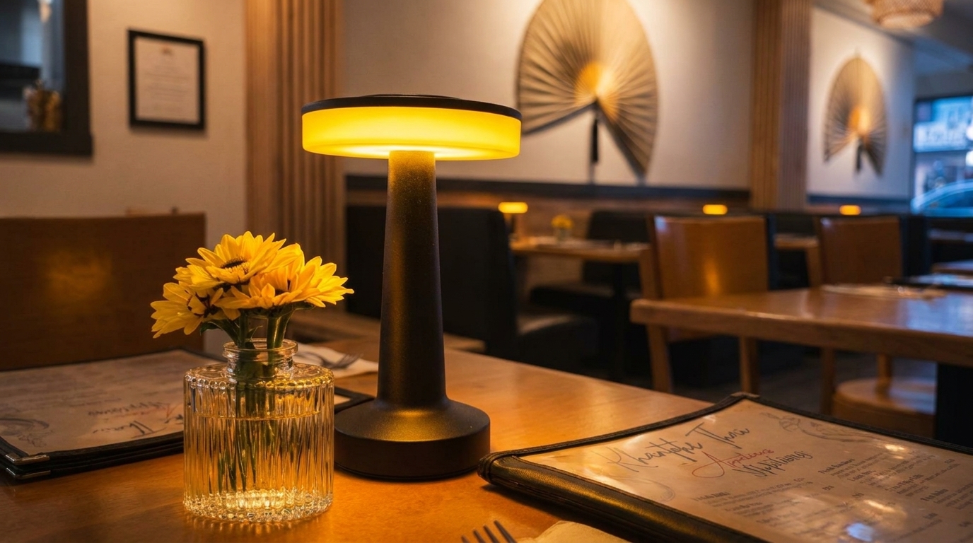 A restaurant table with a menu, a vase of yellow flowers, and a glowing table lamp.